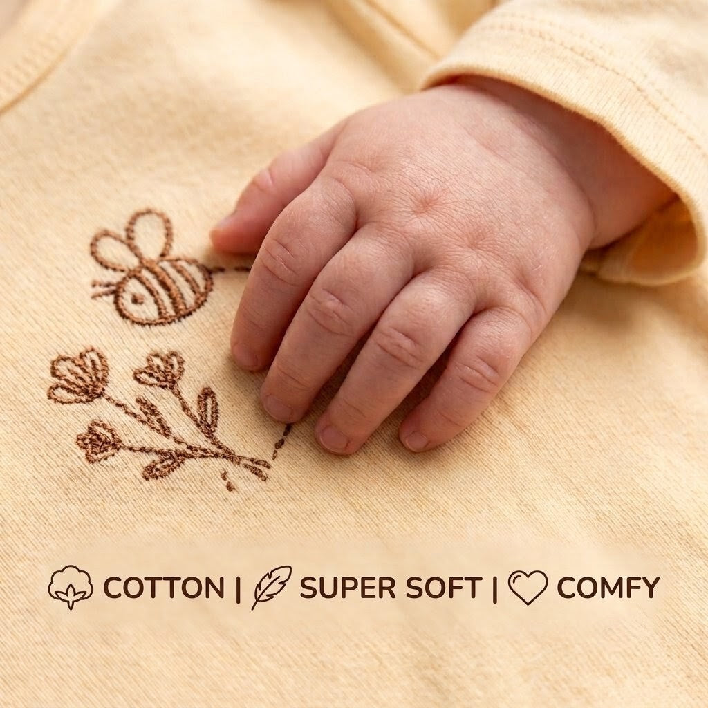 Baby's hand resting on a pale yellow romper embroidered with a bee and flowers, captioned Cotton, super soft, comfy