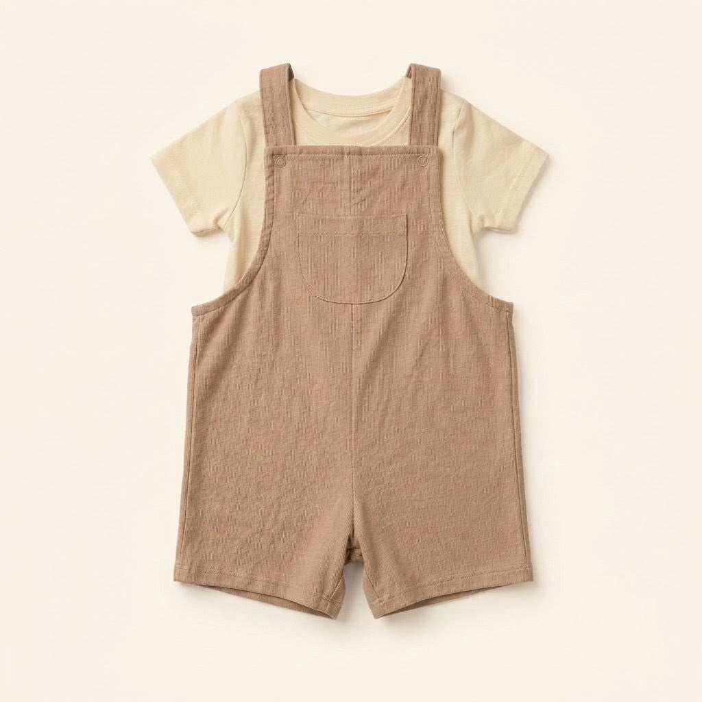 Oat-beige cotton dungaree over a white tee, laid flat