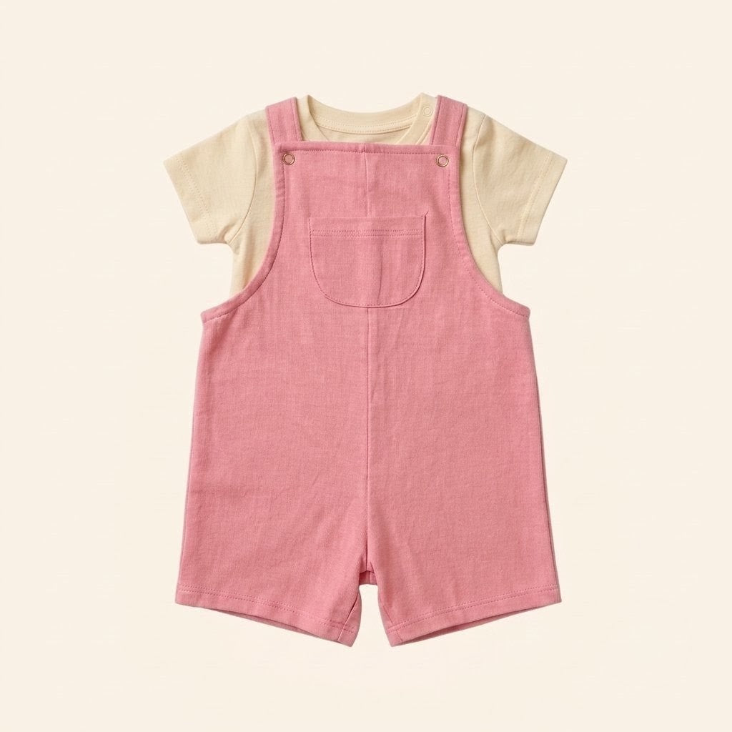 Rose-pink cotton dungaree over a white tee, laid flat